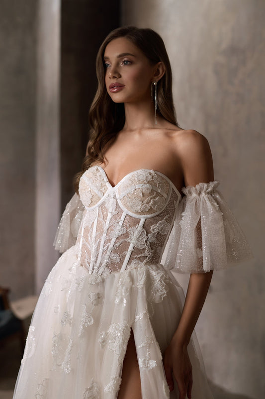 KatrinFAVORboutique-Floral sleeve wedding dress Satin a line wedding gown