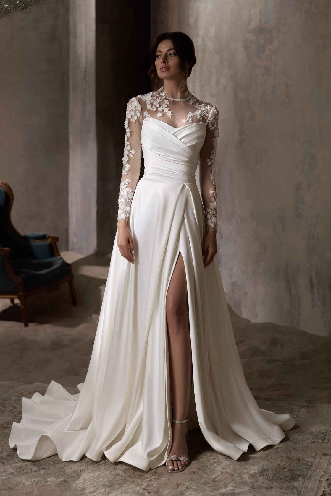 KatrinFAVORboutique-Floral sleeve wedding dress Satin a line wedding gown