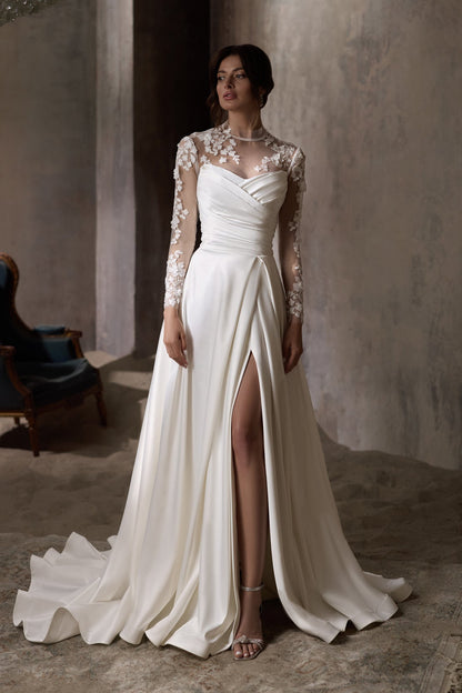 KatrinFAVORboutique-Floral sleeve wedding dress Satin a line wedding gown