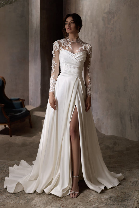 KatrinFAVORboutique-Floral sleeve wedding dress Satin a line wedding gown