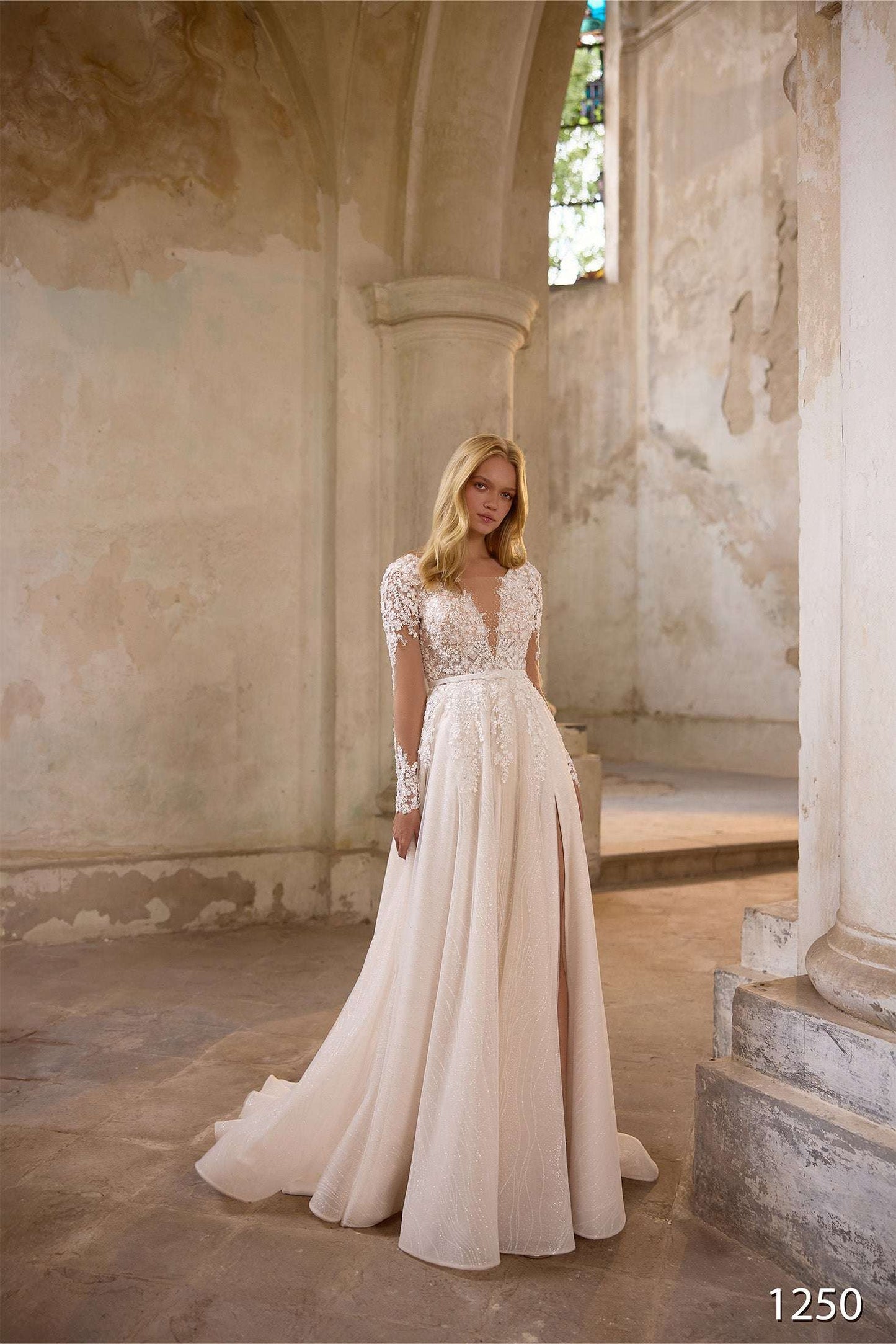 KatrinFAVORboutique-V neck long sleeve wedding gown Blush bridal wear