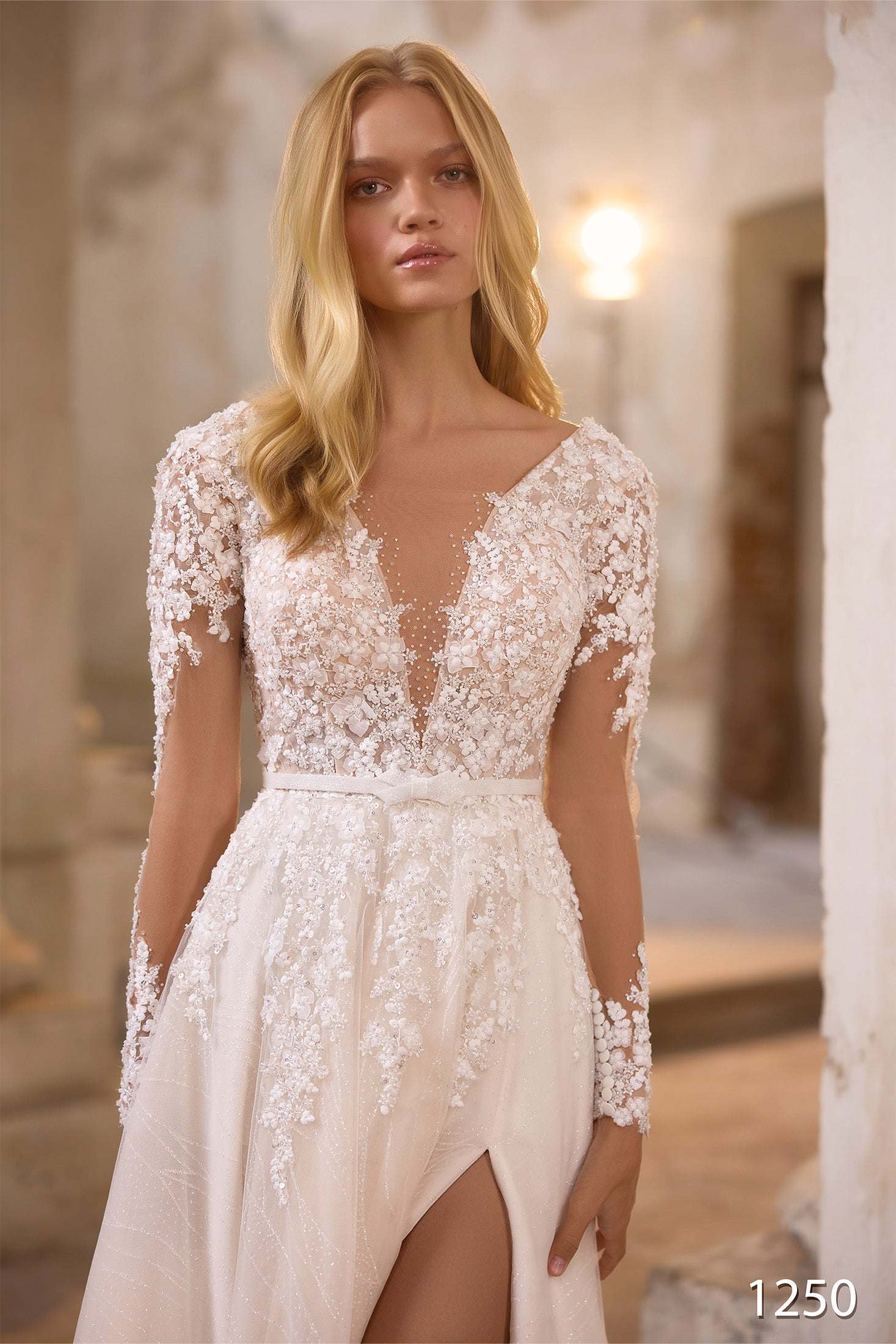 KatrinFAVORboutique-V neck long sleeve wedding gown Blush bridal wear