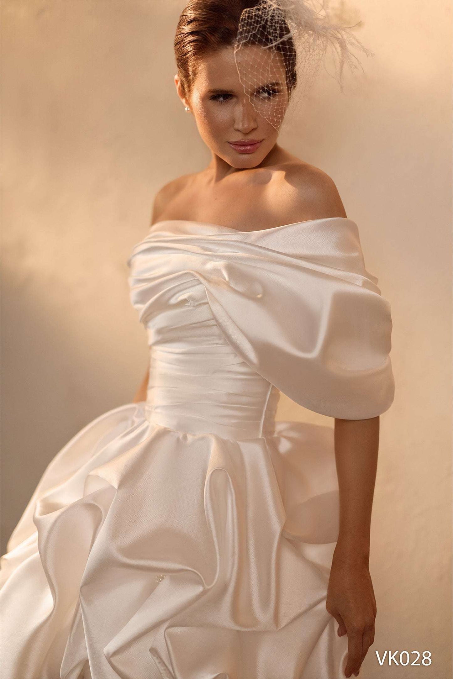 KatrinFAVORboutique-Off Shoulder Bubble Hem Wedding Dress – Satin Bridal Mini with Corset Bodice