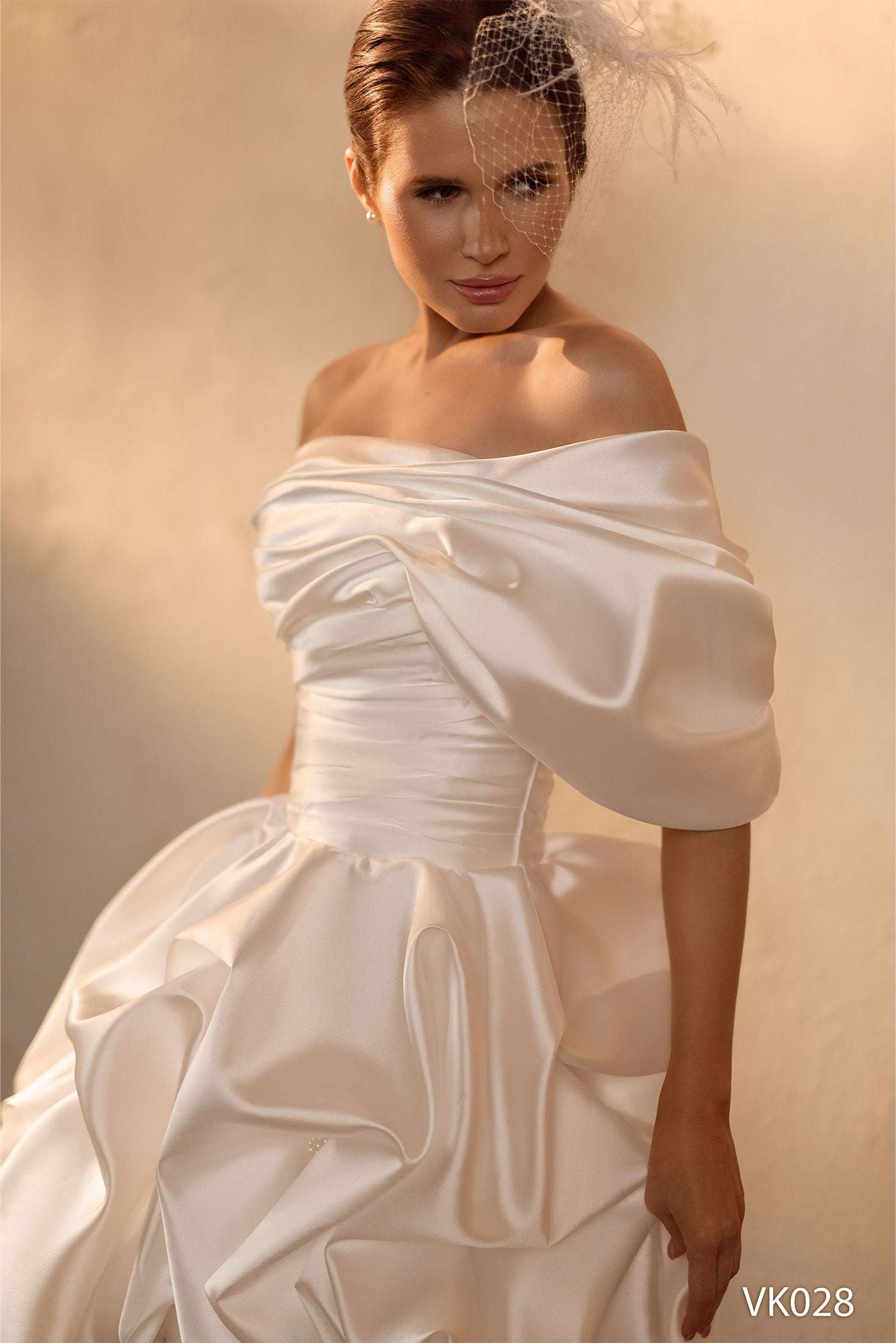 KatrinFAVORboutique-Off Shoulder Bubble Hem Wedding Dress – Satin Bridal Mini with Corset Bodice