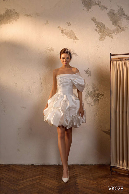 KatrinFAVORboutique-Off Shoulder Bubble Hem Wedding Dress – Satin Bridal Mini with Corset Bodice