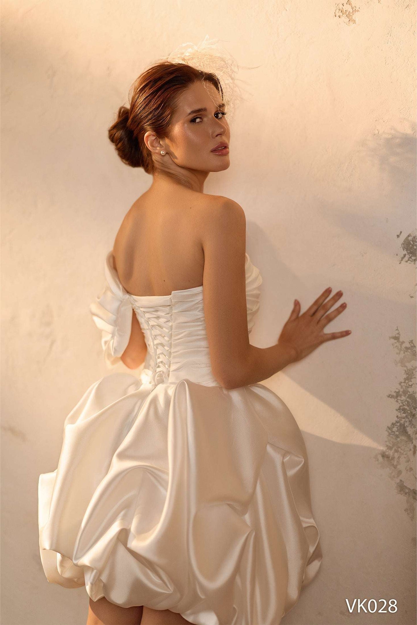 KatrinFAVORboutique-Off Shoulder Bubble Hem Wedding Dress – Satin Bridal Mini with Corset Bodice