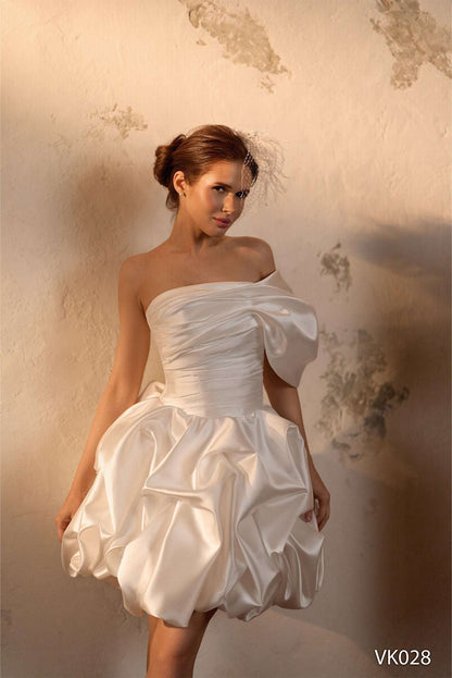 KatrinFAVORboutique-Off Shoulder Bubble Hem Wedding Dress – Satin Bridal Mini with Corset Bodice