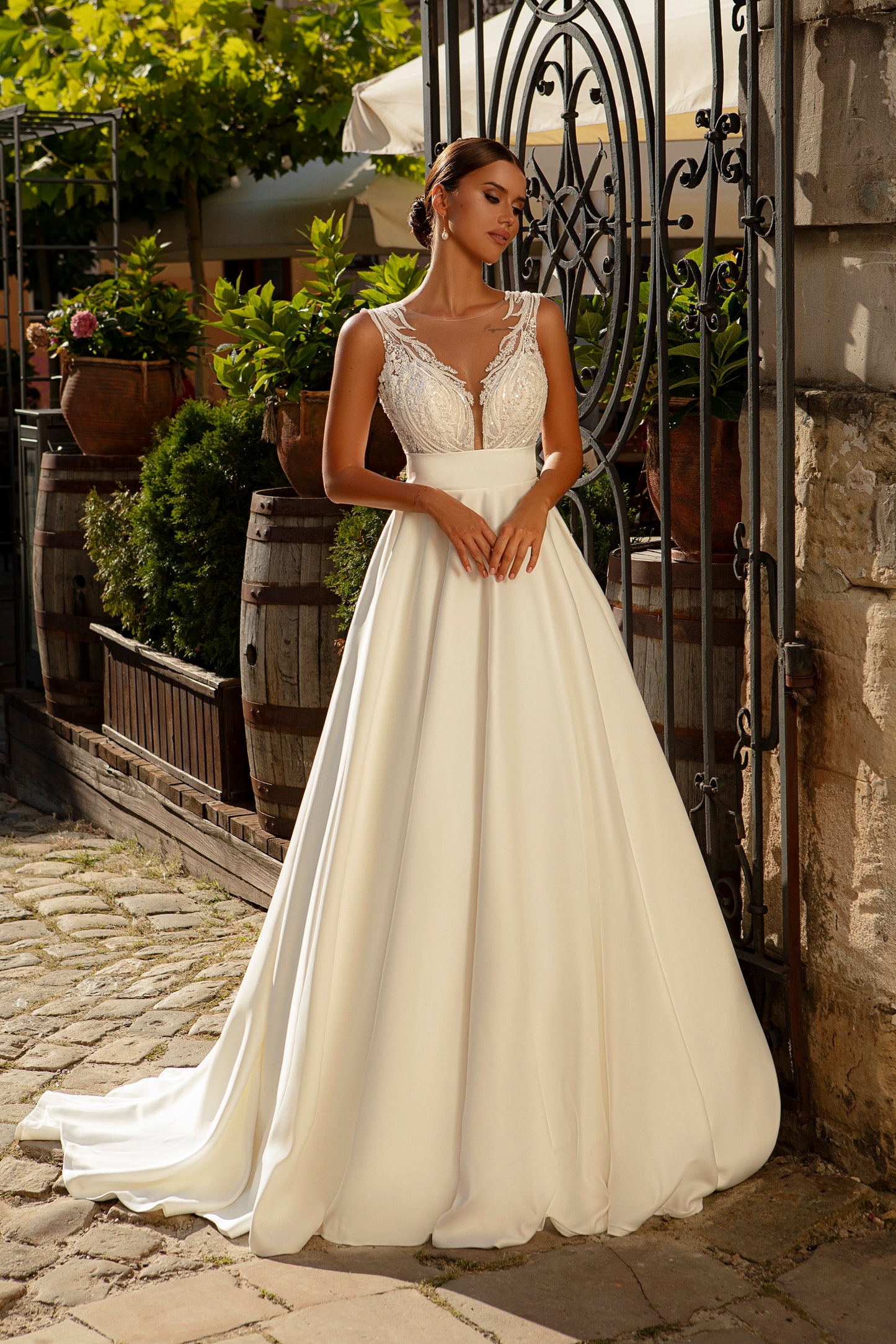 Embroidered back satin a-line wedding dress