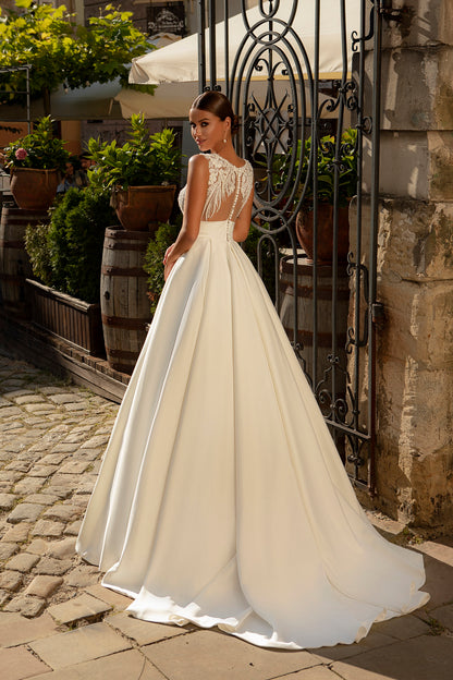Embroidered back satin a-line wedding dress