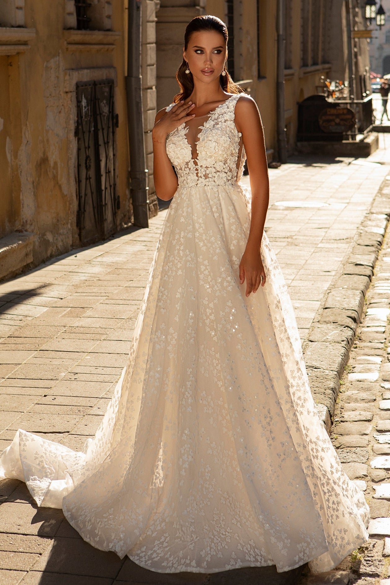 Open back a-line floral wedding gown