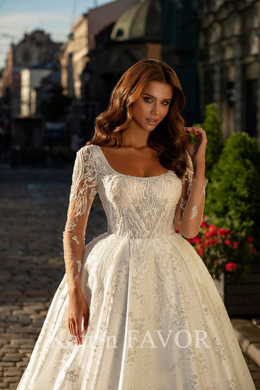 KatrinFAVORboutique-Embroidered long sleeve ballgown wedding dress