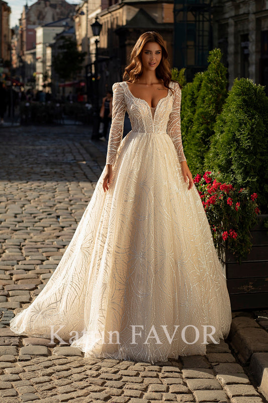 KatrinFAVORboutique-Long sleeve ballgown sparkle  wedding dress