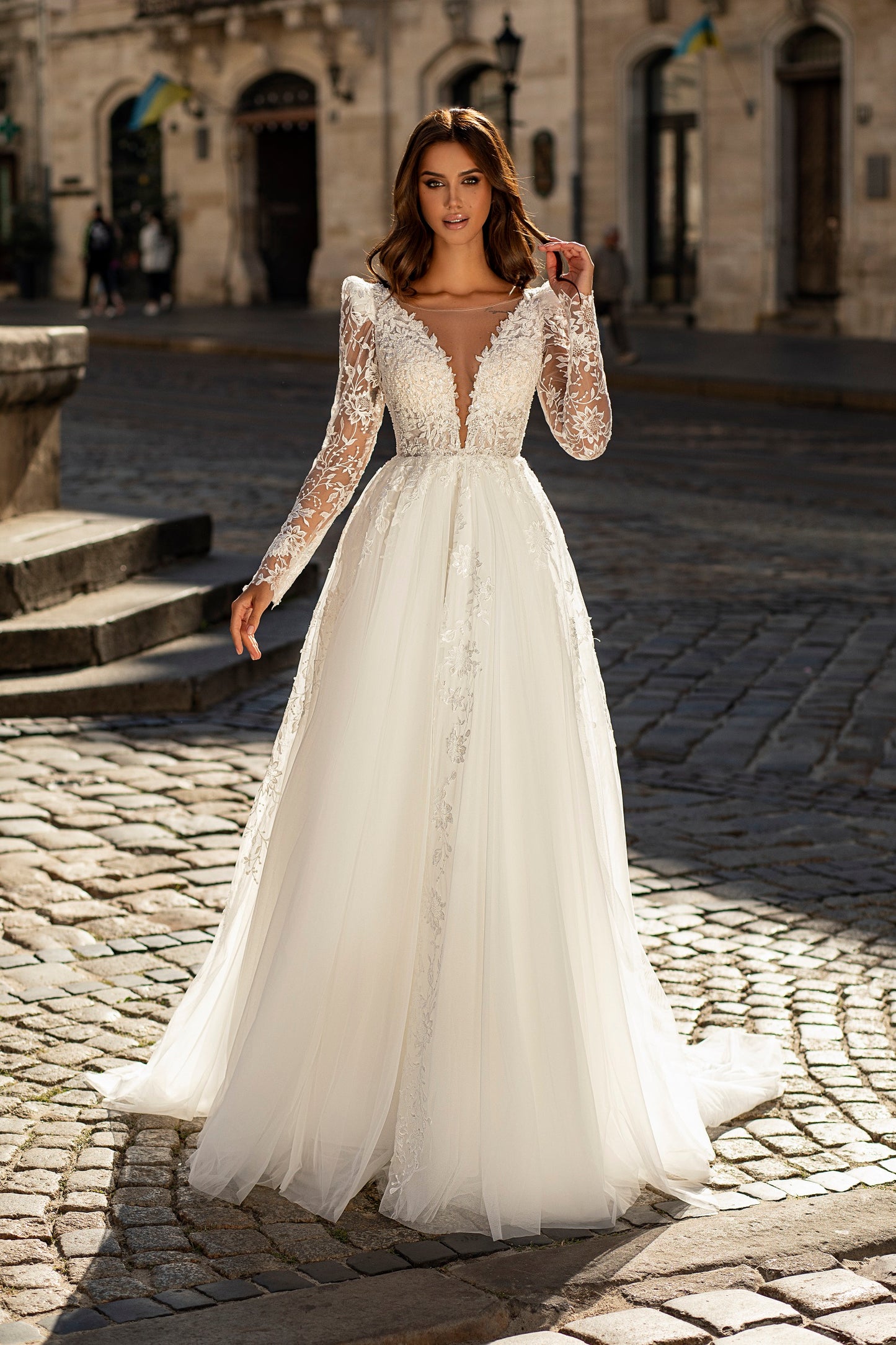 Open back long sleeve a-line wedding dress