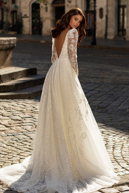 Open back long sleeve a-line wedding dress