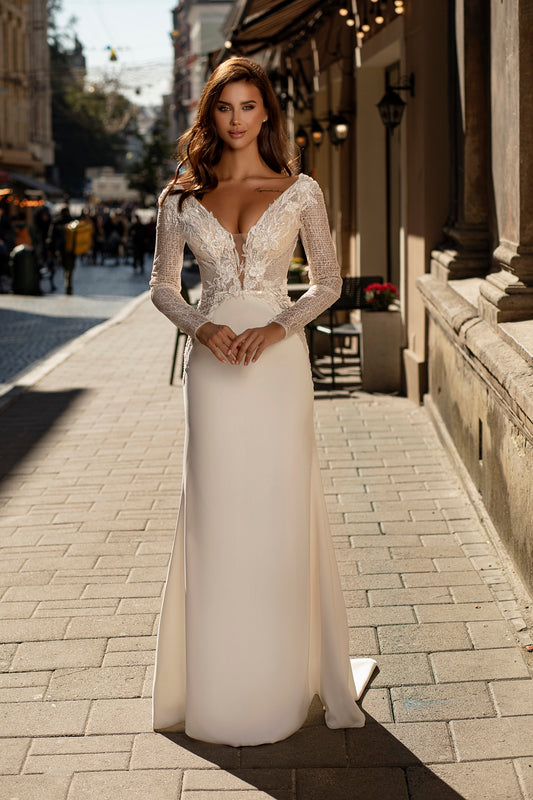 Long sleeve sheath crepe wedding dress