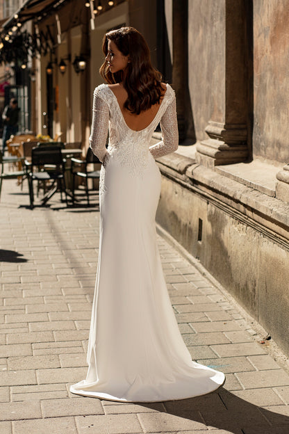 Long sleeve sheath crepe wedding dress
