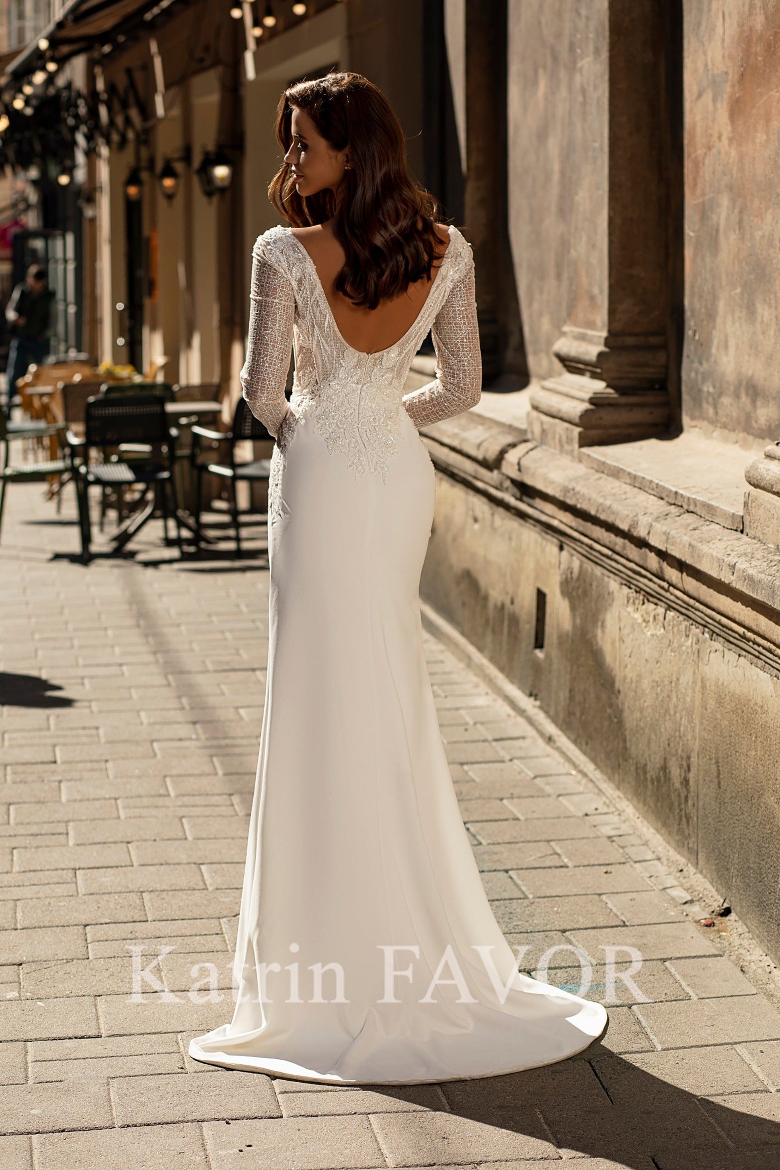 KatrinFAVORboutique-Long sleeve sheath crepe wedding dress