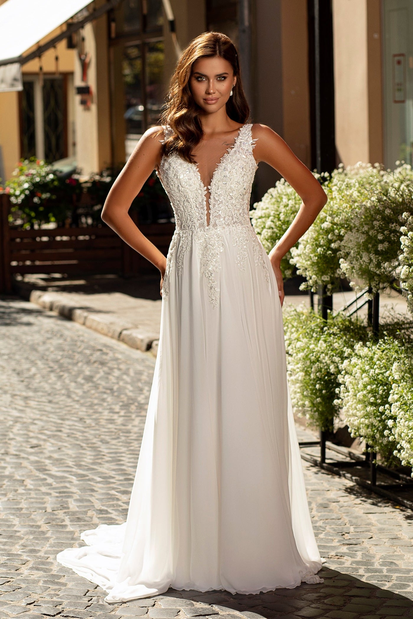 Chiffon a-line embroidered wedding dress