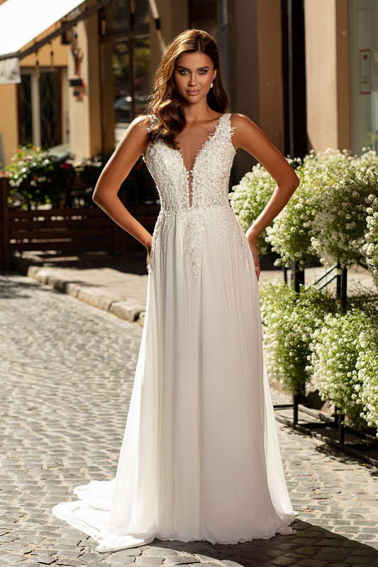 Chiffon a-line embroidered wedding dress