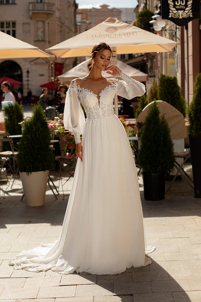 Chiffon bishop sleeve a-line wedding dress