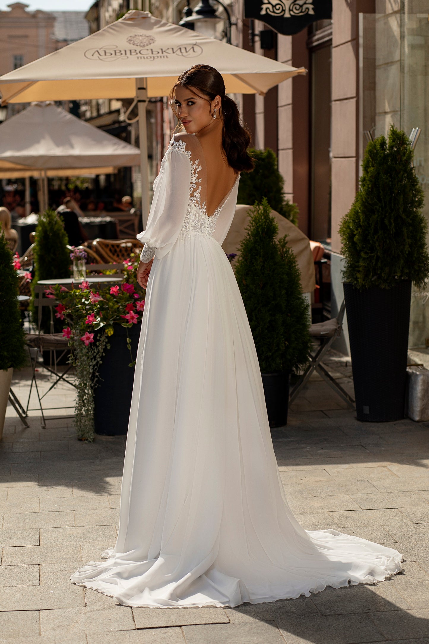 Chiffon bishop sleeve a-line wedding dress