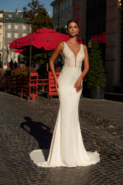 Embroidered fitted sheath wedding dress