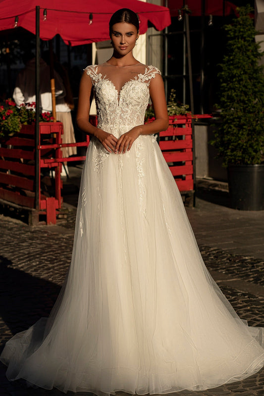 Rustic floral a-line wedding dress