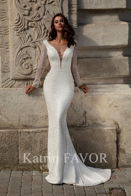 KatrinFAVORboutique-Embroidered long sleeve sheath wedding dress