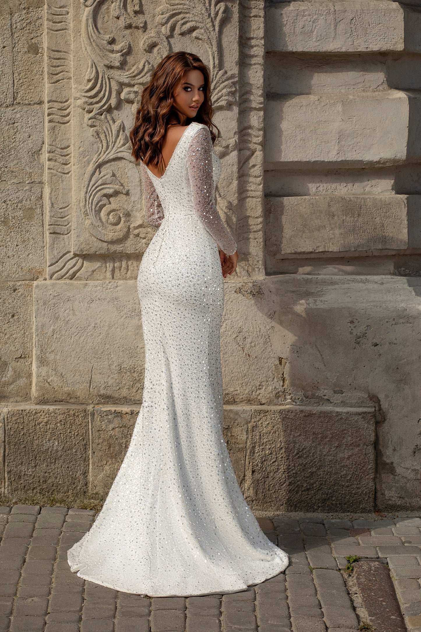 Embroidered long sleeve sheath wedding dress