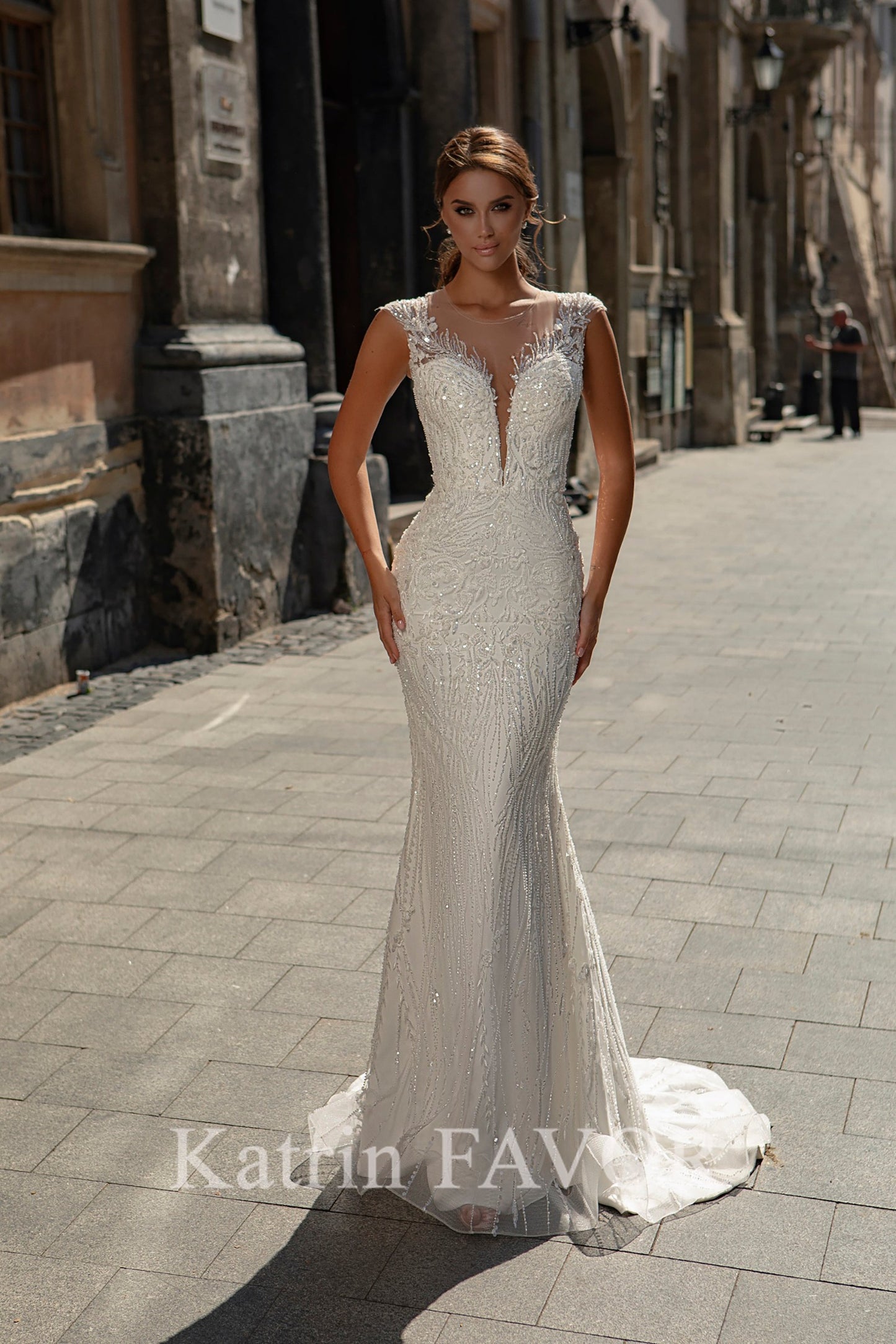 Embroidered back sheath wedding dress