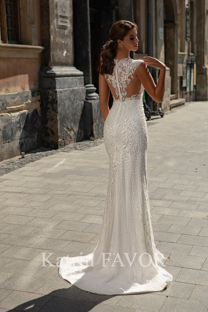 Embroidered back sheath wedding dress