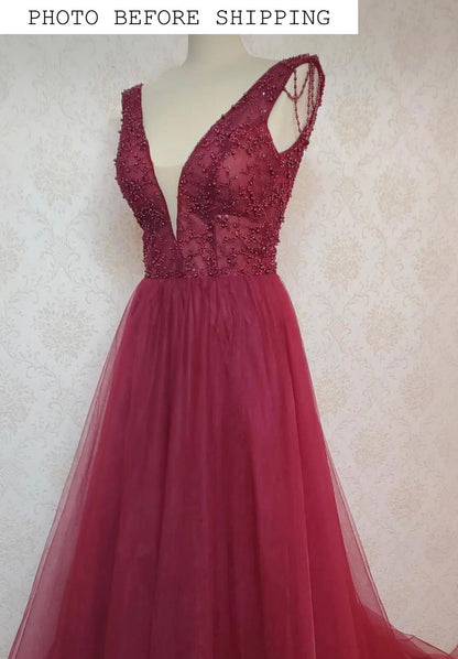 KatrinFAVORboutique-Burgundy beaded gown Ladies summer formal dresses