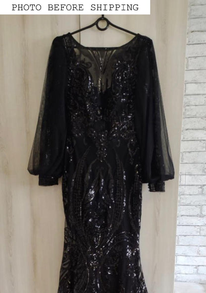 KatrinFAVORboutique-Black sequin long sleeve gown Designer lace dresses