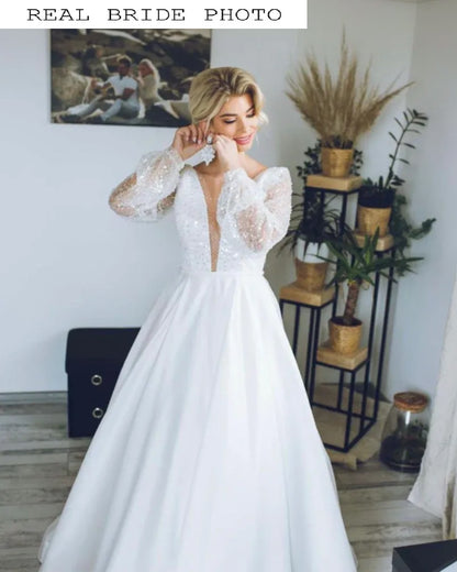 Satin wedding dress with sleeves Minimalist wedding gown