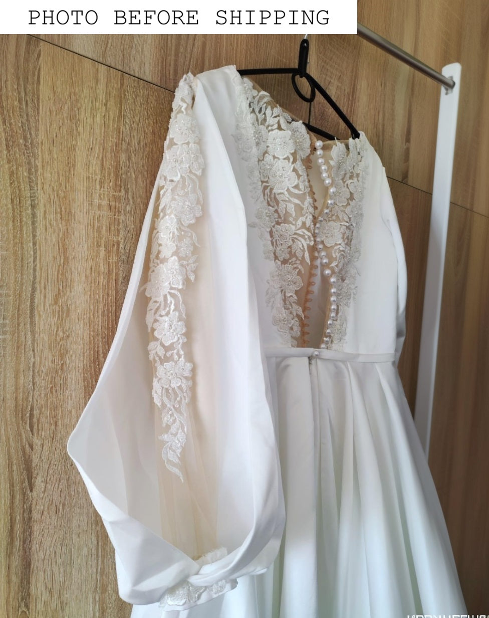 Long sleeve satin bridal gown | Simple bridal dresses | KatrinFAVOR