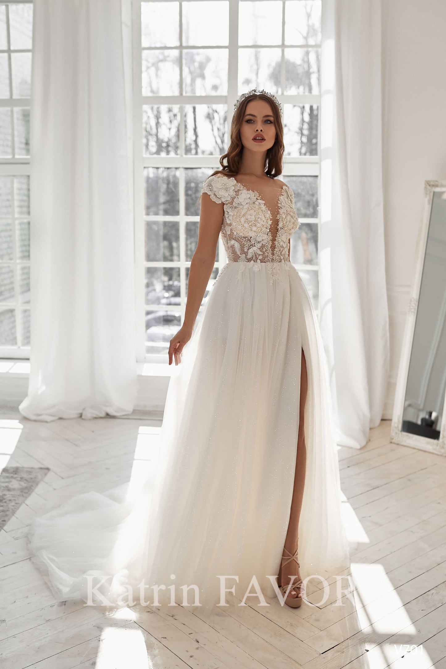 KatrinFAVORboutique-Floral embroidered sparkly tulle wedding dress