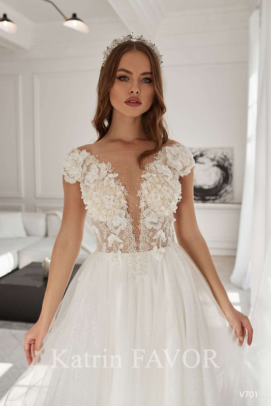 KatrinFAVORboutique-Floral embroidered wedding dress Tulle wedding dress