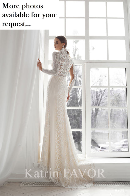 High neck lace wedding dress