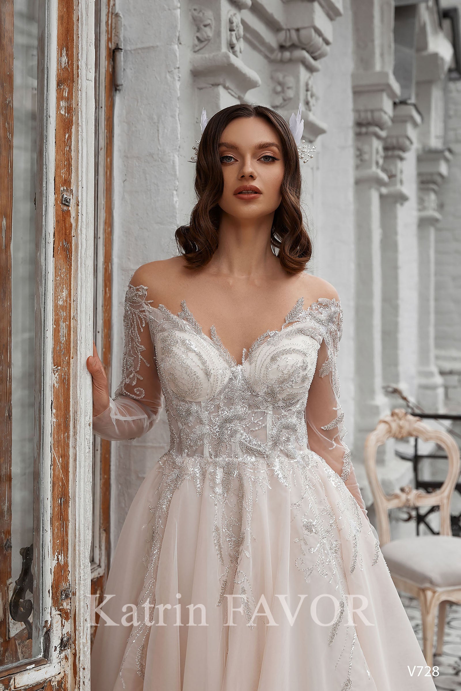 KatrinFAVORboutique-Off the shoulder long sleeve blush wedding dress