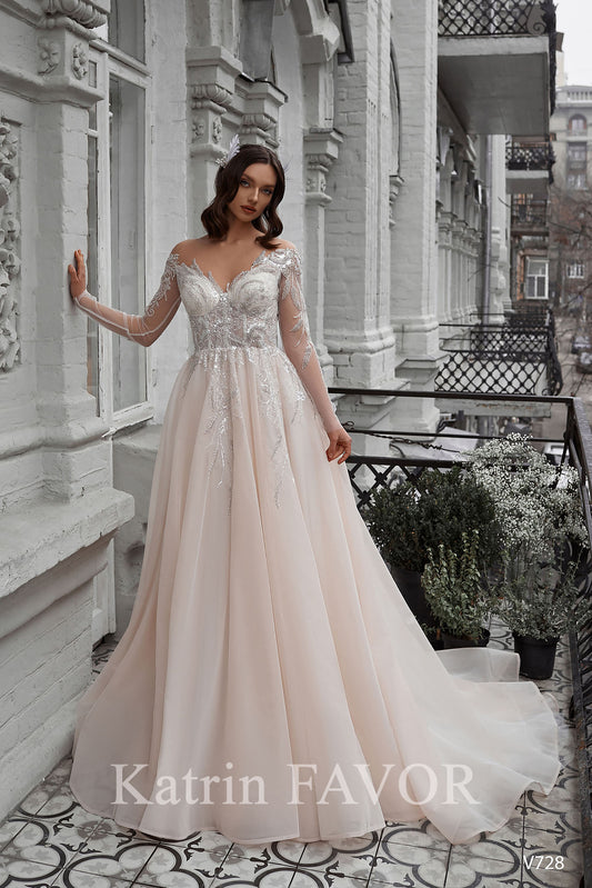 KatrinFAVORboutique-Off the shoulder long sleeve blush wedding dress