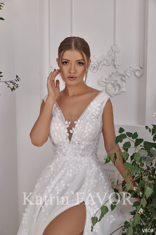 KatrinFAVORboutique-A-line tulle wedding dress Floral embroidered wedding gown