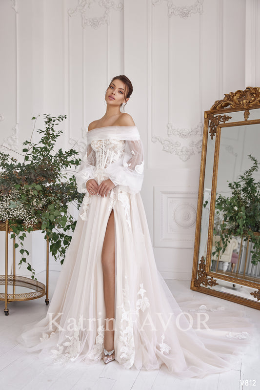 Two piece puff sleeve blush tulle wedding dress