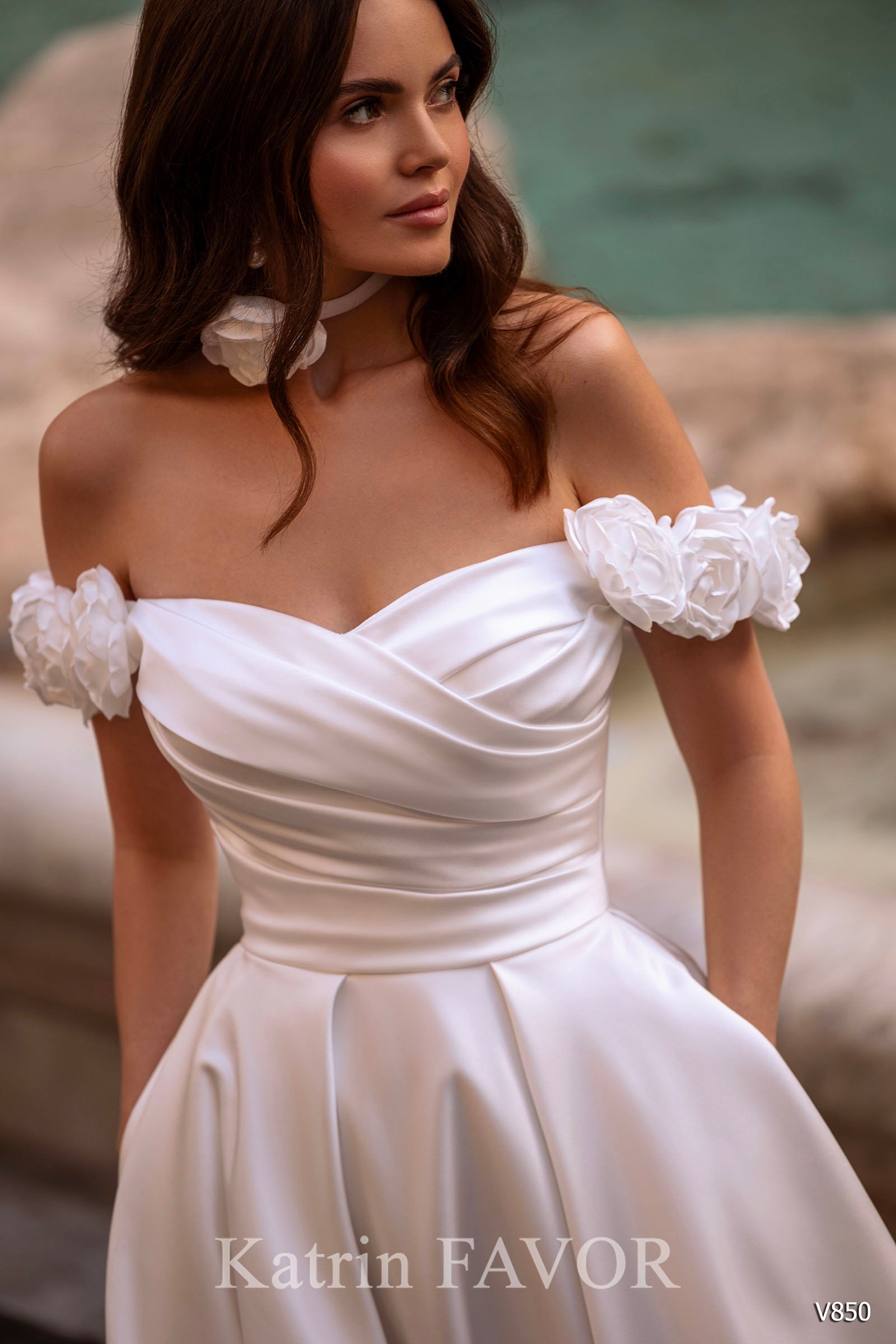 KatrinFAVORboutique-Off the shoulder satin wedding dress with pockets
