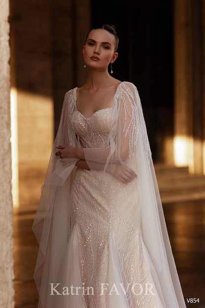 KatrinFAVORboutique-Tulle cape blush mermaid wedding dress