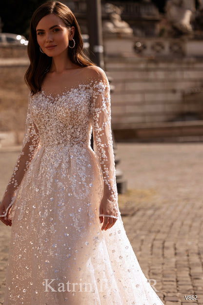 KatrinFAVORboutique-Open back long sleeve sparkle blush wedding dress