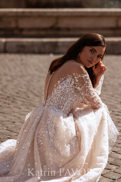 KatrinFAVORboutique-Open back long sleeve sparkle blush wedding dress