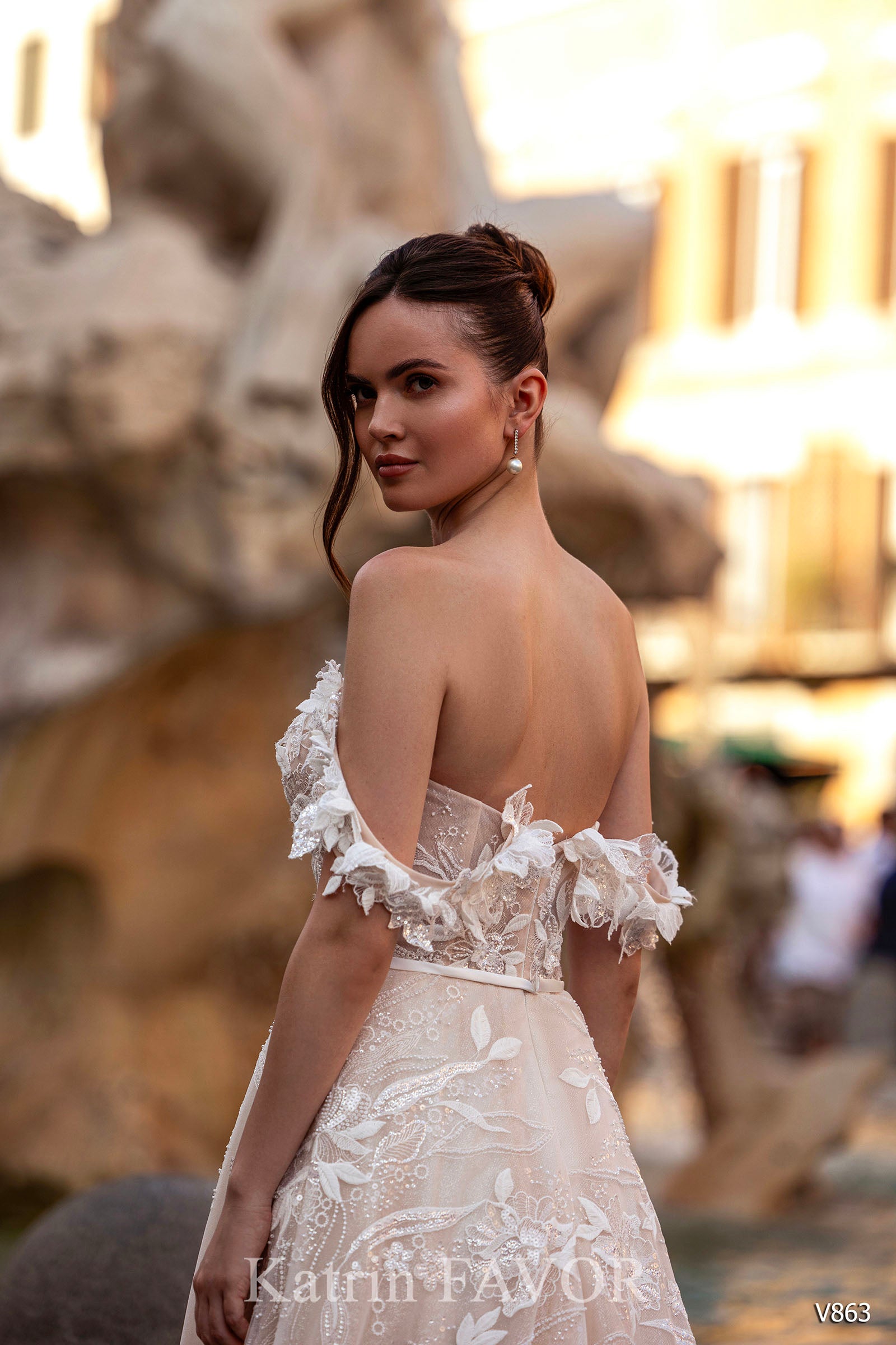 KatrinFAVORboutique-Floral bridal off the shoulder a line wedding gown