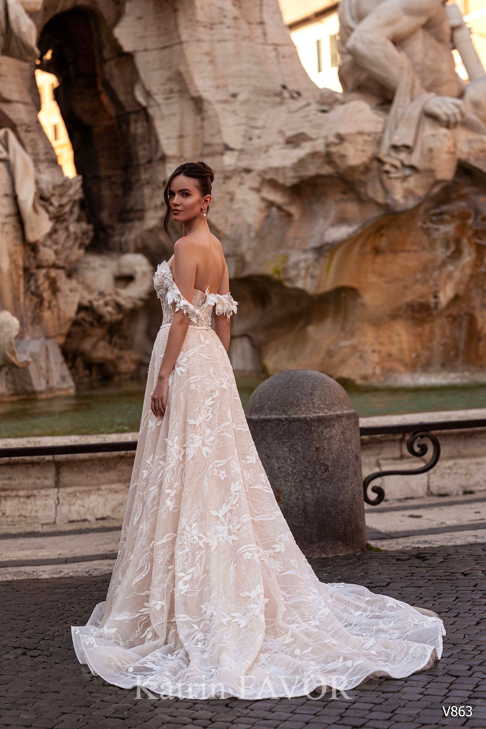 KatrinFAVORboutique-Floral bridal off the shoulder a line wedding gown