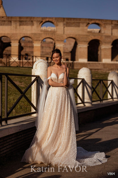 KatrinFAVORboutique-Off shoulder wedding dress with sleeves blush bridal dress