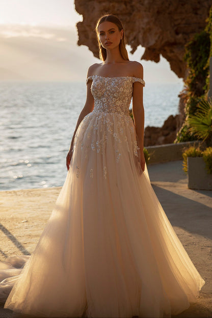 Off the shoulder a-line floral wedding dress